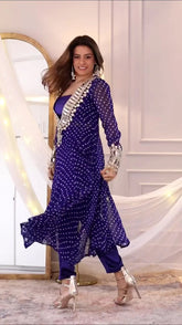 Indo-Western 3-Piece Set –  Navy Blue Kurti, Blouse & Pant – Party Wear for Women